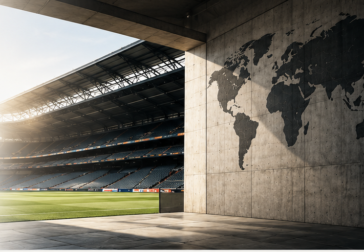 Football stadium beside a concrete wall with a world map